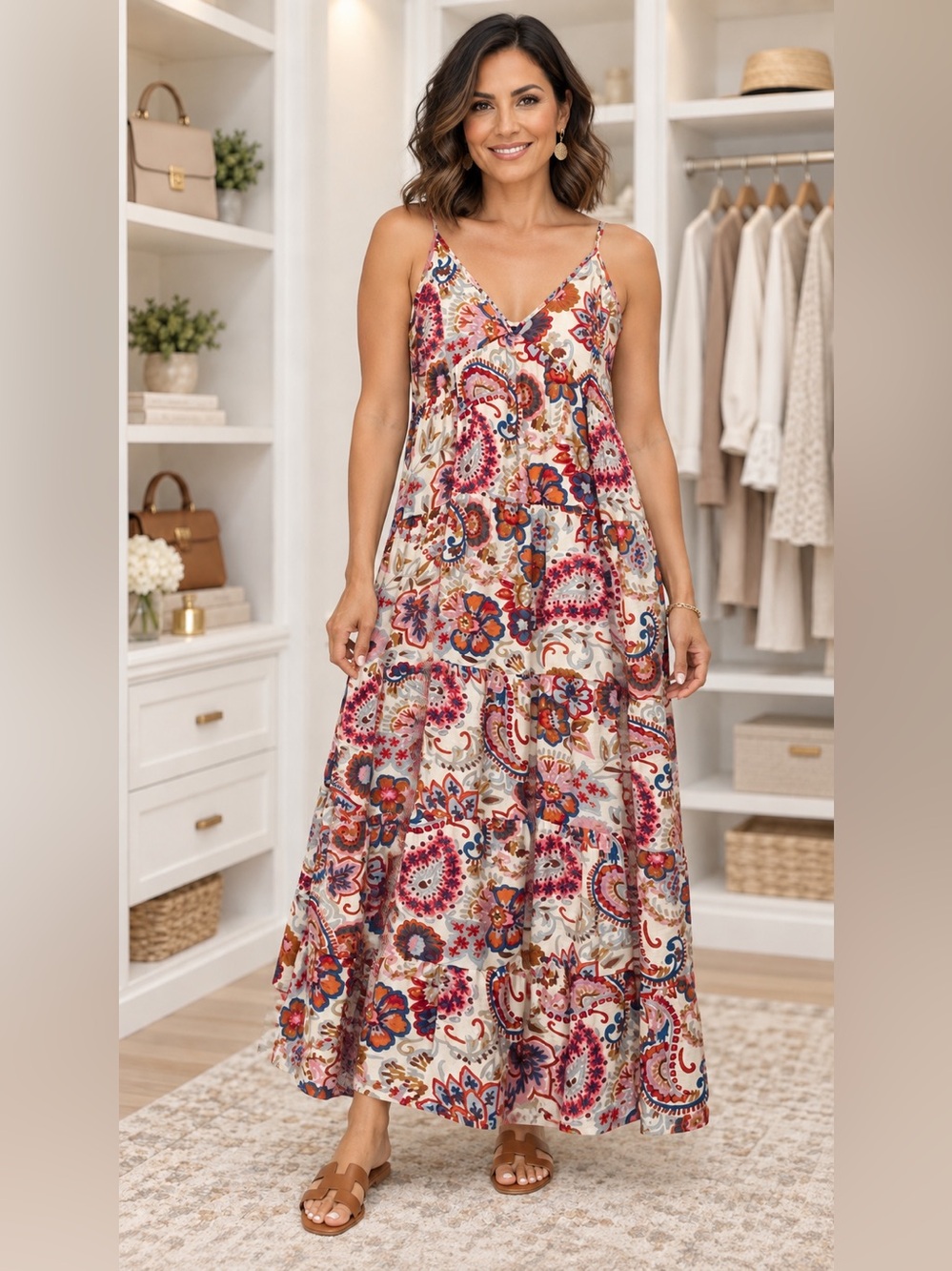 1. State Cream Maxi Dress with Rust Floral Print - Large